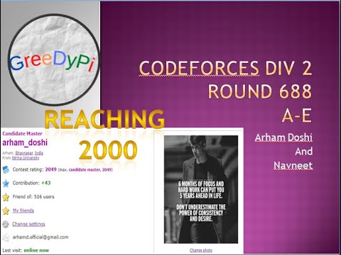 Codeforces div-2 , 688 , A to E ,  editorial + thought process , reaching 2000 , hindi