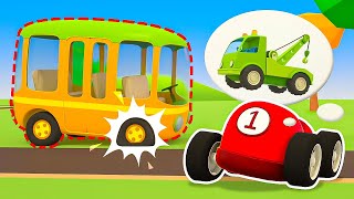 The bus is broken! The racing car is looking for the crane truck, the manipulator and the evacuator.