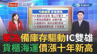 美國制裁華為期限將至！華為急備庫存驅動IC雙雄旺季更旺 貨櫃海運股漲至十年新高│主播丁士芬│【iStock盤前解析】20200831│三立iNEWS