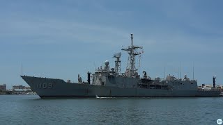 【海軍艦艇】舷號 PFG-1109 成功級飛彈巡防艦 張騫軍艦 進港, 嗶~嗶~~敬禮; 飛行甲板帶貨櫃!? 成功級怎麼看都好看 (Oliver Hazard Perry-class frigate)