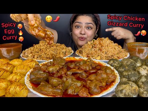 SPICY CHICKEN GIZZARD & LIVER CURRY WITH SPICY EGG CURRY & HARIYALI EGG CURRY, CHICKEN PULAO | ASMR