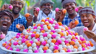 COLORFUL SWEET | Coconut Laddu Recipe Cooking in Village | Farm Fresh Coconut Nariyal Ladoo Recipe