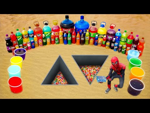 Spiderman & Big Toothpaste Eruption from Two Triangles pit, Giant Sodas, Pepsi, Coca Cola & Mentos