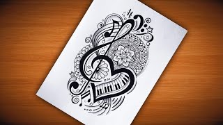 Creative Mandala Art with Piano and Music Notes/Heart Music Note with Piano Mandala Art/Music Note