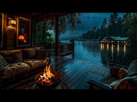 Rainy Lakeside Porch with Crackling Fire - Heavy Rain And Fire Sound for Sleeping, Relaxing, Study