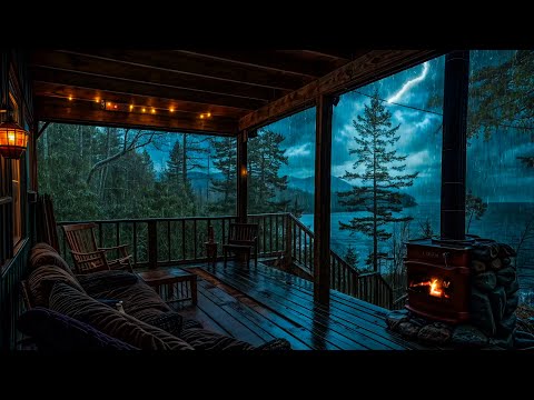 Storm Beachside Porch Ambience | Thunder, Heavy Rain and Crackling Fire Sounds To Sleep, Relax, Rest