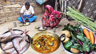 moringa drumstick curry with fish cooking and vegetables for tribe husband and wife||village life