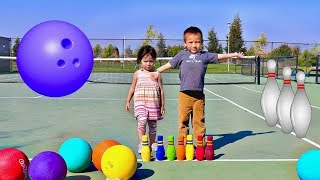 Playground Balls and Colored Bowling Pins for Children - Toddlers Learn Colors and Play Sport Toys