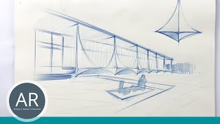 Architektur-Skizze in Perspektive zeichnen. Zeichnung Beispielmappe TU Architektur München.