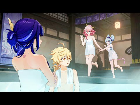 Aether, Ei Raiden Shogun, Yae Miko & Mizuki go to Hot Springs - Genshin Impact 5.4