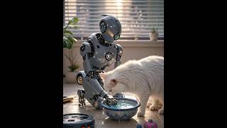 "Robot Feeds Water to Cat: A Futuristic Interaction" #robot #relax #robotpet #lonelyrobot #robotic