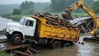 The dump truck collapsed the bridge, and the excavator came to the rescue