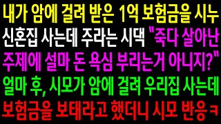 (반전사연)내가 암에 걸려 받은 1억 보험금을 시누 신혼집 사는데 주라는 시댁..얼마 후 시모가 암에 걸려 우리집 사는데 보험금을 보태라고 하니[신청사연][사이다썰][사연라디오]