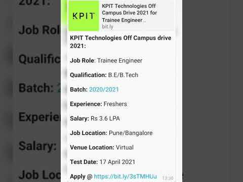 KPIT Technologies Off Campus Drive 2021 for Trainee Engineer B.E/B.Tech Fresher Sal:3.6 lac Banglore