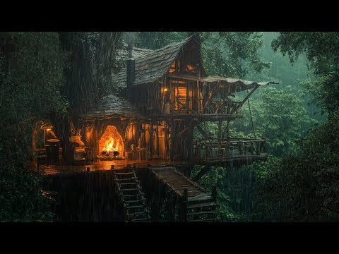 Feel the Peace in a Wooden Cabin in the Forest ⛈️| Tropical Rainforest Sounds for a Peaceful Sleep
