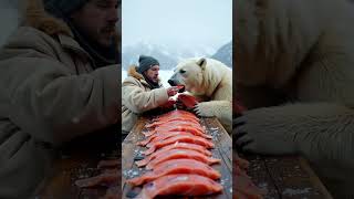 Polar bear and man eating raw salmon mukbang Asmr!? #mukbang #ai #asmr #polarbear #aimukbang