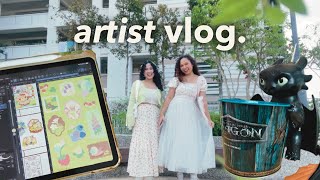 studio & artist vlog 🌼🌷 quiet hobbies & big screens | draw with me | Illustration Art Fair SG ೃ࿔*:･