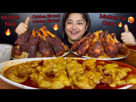 SPICY MUTTON FAT CURRY WITH MUTTON HYDERABADI BIRYANI AND CHICKEN TIKKA BIRYANI AND RAITA | MUKBANG