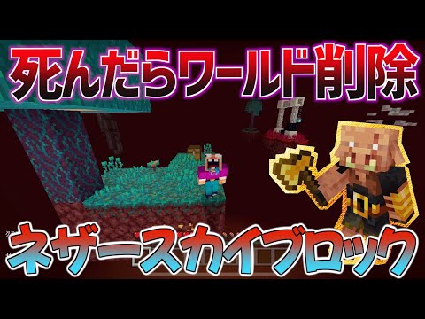 【マイクラ】死んだらワールド削除。敵だらけのネザースカイブロックがまさに地獄...クリアできるのか！？【死に削】