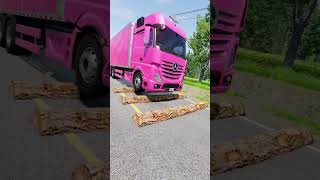 pink shipping truck vs logs Speed Bumps #short #beamng #beamngdrive #trucksvs  #speedbump