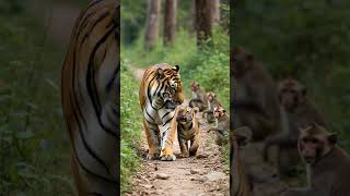 Angry Tiger Sound 🐅 Little Tiger Cub Lets Out Its First Roar and Monkeys Freeze in Shock! 😳 #tiger