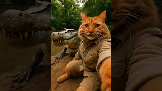 Fearless Jungle Selfie: Ginger Cat with a Crocodile