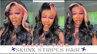 🍧New Trendy Lace Front Wig Install! Nature Black + Pink Skunk Stripes Hair Ft  #Elfinhair
