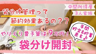 【袋分け管理】音声あり◎開封して残金を確認！節約効果はある？/中間所得層3人家族のやりくり費/年間貯金&貯蓄表作りました♪