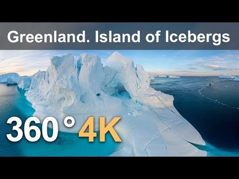 360 video, Greenland. Island of Icebergs. 4K aerial video