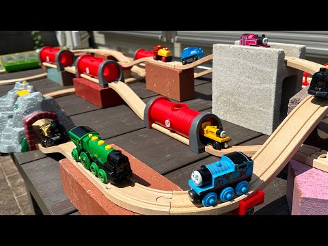 Brio & Thomas, wooden rail and concrete block course, fun to play with friends