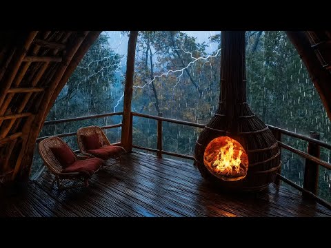 Calm Rainfall in the Forest – Soothing Thunder, Fireplace, and Bamboo Cabin Ambience for Sleep