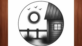 "How to Draw Village House Scenery in Circle | Easy Pencil Shading Drawing for Beginners"