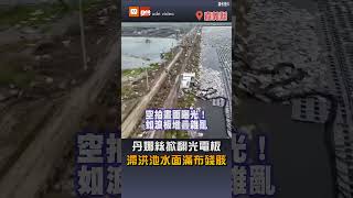 【地方】丹娜絲掀翻光電板 滯洪池水面滿布殘骸