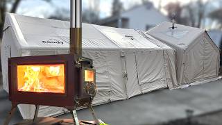 AMAZING WOOD BURNING STOVE vs FREEZING TEMPS in MASSIVE 3 ROOM INFLATABLE COODY HUB & KOALA 7 TENT