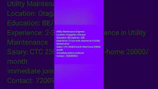 we are hiring Utilitiy Maintenance Engineer #chennai #shorts #jobs  #7200909052 #diploma #bejobs2022