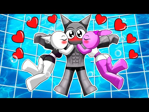 Wenda and Pinki KISS Gray At A Pool Party In Roblox | Berry Sprunki
