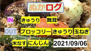 【ぬか漬け記録 21/09/06 】　たまねぎ  ブロッコリー  にんじん  米茄子  きゅうり