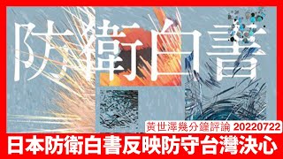 日本令和4年防衛白皮反映安倍晉三台灣政策延續 日本定必會防守台灣 連香港一齊講因為涉及不同日本利益 習近平秋季玩火好容易會出事 黃世澤幾分鐘評論 20220722