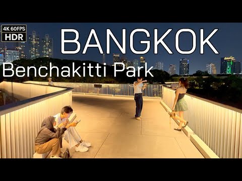 🇹🇭 Night Walk in Benchakitti Park Bangkok | Stunning HDR City Lights & Skywalk