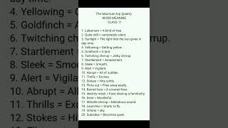 class 11 english hornbill book the laburnum top ( poem) word meaning in english