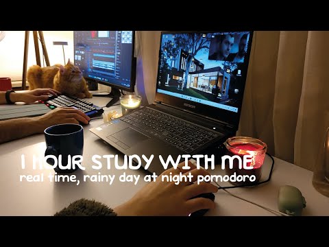 1 Hour Study With Me | Background Noise, Real Study, Rainy Day, Pomodoro