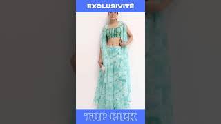 Ice Blue Printed Crop Top And Palazzo Set
