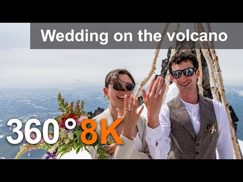 Wedding at the top of the volcano. Kamchatka, Russia. Aerial 360 video in 8K.