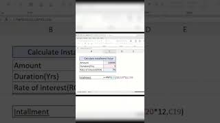 Calculate monthly Installment value|| PMT formula|| Excel formula for excellence ||#excel #shorts