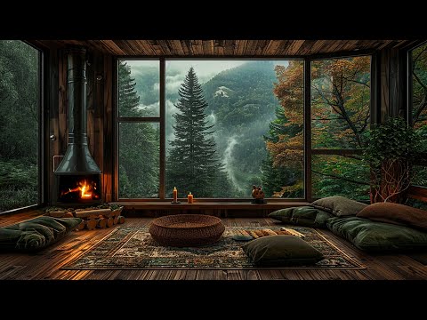 Wooden Room with Mountain Valley view - Rain on window, crackling fireplace for Sleeping, Relaxing