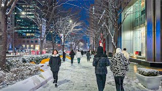 Snowy Night Walk in Gangnam Seoul | Office Rush Hour, Neon Lights, Winter Streets 🌙❄️ 4K HDR