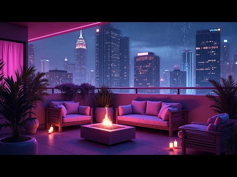 Night Rooftop Balcony 🌜 Lofi Beats with Rain & Crackling Fire sounds To Relax/ Study/ Chill & Work