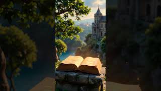 A dusty ancient book lies closed on a stone pedestal  As it