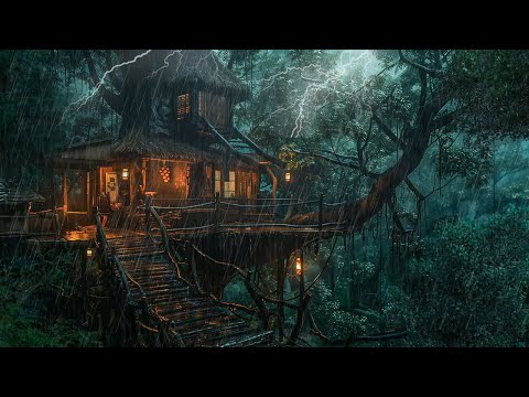 Peaceful Night in Treehouse Retreat | Heavy Rain, Wind & Thunder for Stress Relief & Natural Healing