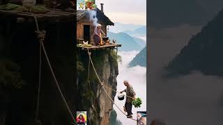 atmosphere of life in the village, house on the cliff, comfortable, beautiful #scenery #funny #